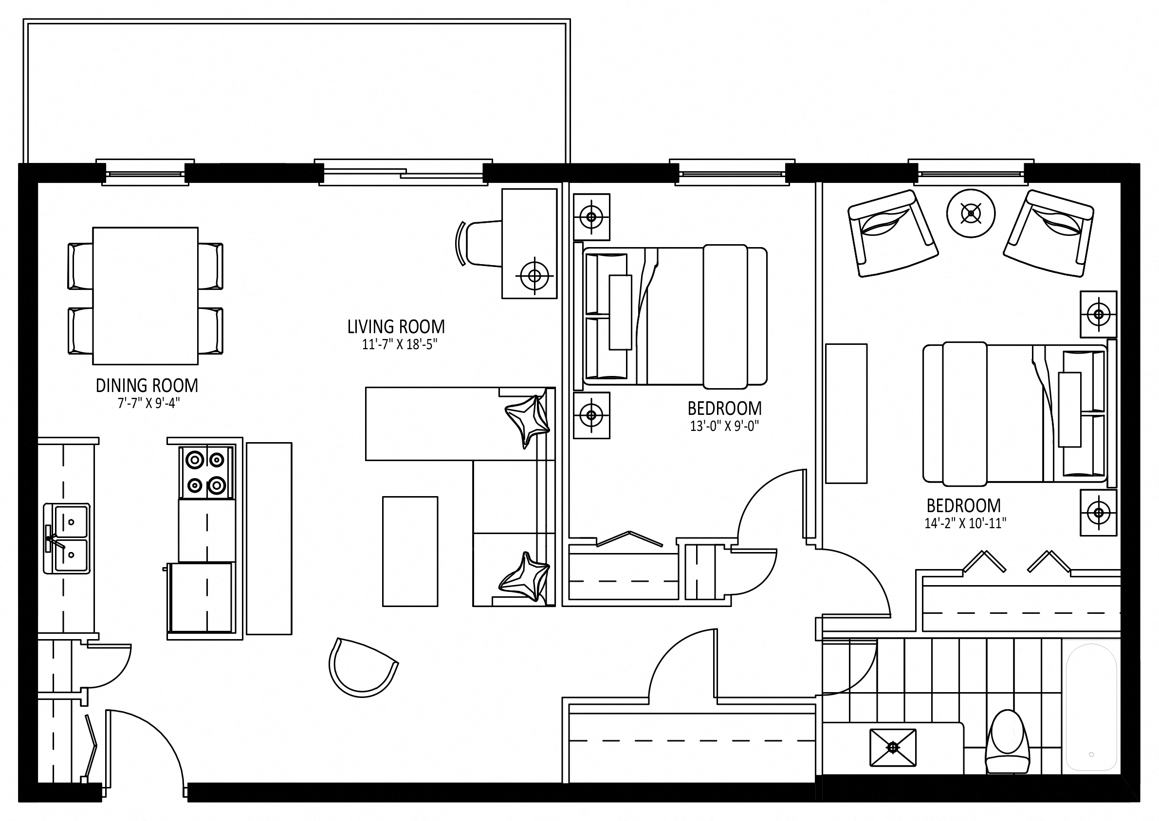 Floor plan for 2 beds, 1 bath, 938 sqft